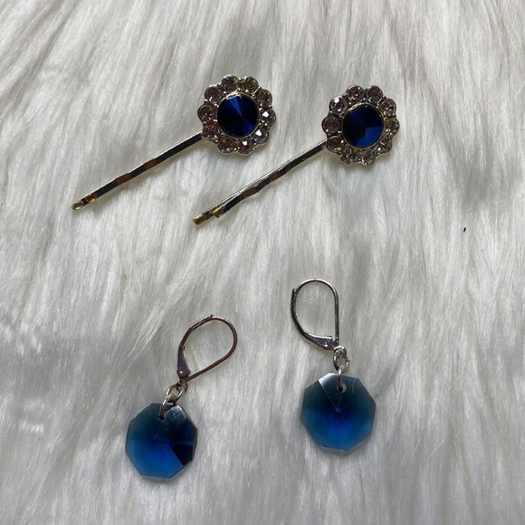 Silver and Sapphire Earrings and Hairpins Set - Picture 4 of 4